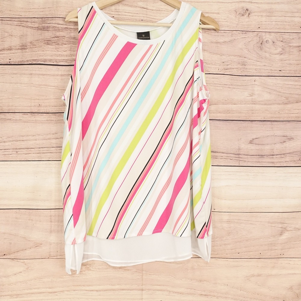Worthington Tank Womens XL White Striped Sleeveless Pleated Chiffon Top